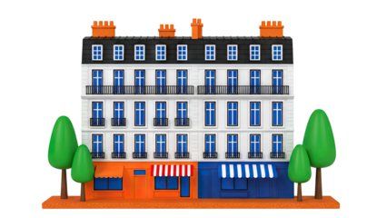 Stylized Parisian Building with Shops and Trees