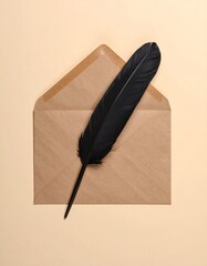 Elegant Black Feather and Brown Envelope on Beige Background - Artistic Composition.