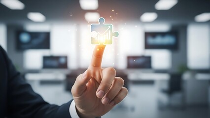 Businessman touching virtual puzzle piece with graph in modern office  teamwork and data analysis concept