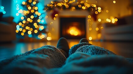 Cozy feet under a warm blanket relaxing on floor, enjoying festive Christmas living room with glowing bokeh lights from Christmas tree and fireplace, creating a peaceful holiday atmosphere.