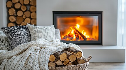 Cozy living room with burning fireplace, soft knitted blanket, pillows, and a basket of firewood, creating a warm and inviting atmosphere for relaxation at home.