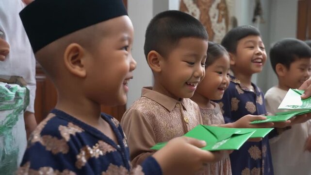 Children's Eid Envelope Line. Islamic Culture &ndash; Idul Fitri. Lively shot of a line of smiling children eagerly receiving small, bright green envelopes of money from a joyful relative during a visit.
