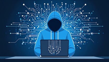 Illustration of a faceless figure in a hoodie seated before a laptop, with a circuit board design emanating behind