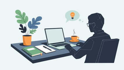 Focused individual working at a desk with laptop, notebook, and coffee