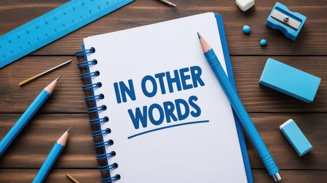 Notebook with the phrase in other words written in bold blue ink surrounded by bright blue school supplies on wood