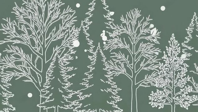 Forest line art on a green background.
