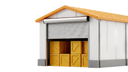 Warehouse with Open Roll-Up Door and Wooden Crates
