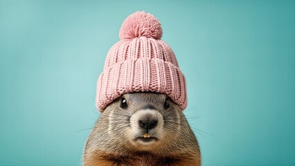 Groundhog wearing a pink knitted hat with pom-pom, posing against a soft blue background, symbolizing winter and seasonal change in a playful and whimsical manner