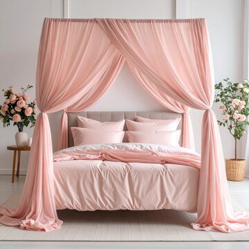 Elegant Pink Canopy Bed with Soft Bedding and Floral Accents in a Bright Room.