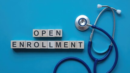 Wooden blocks spelling out open enrollment sit beside a blue stethoscope signifying healthcare opportunities against a vibrant background.