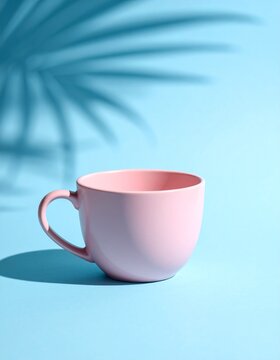 Elegant Pink Coffee Cup on a Vibrant Blue Surface with Palm Shadow.
