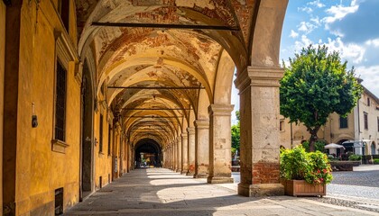 Obraz premium Elegant arched colonnade with ornate ceiling and vibrant exterior in the Italian town square.