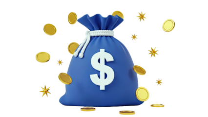 Blue Money Bag with Dollar Sign and Flying Gold Coins