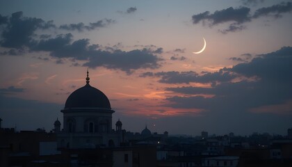 Obraz premium Ramzan ul Mubarak peaceful dawn sky with crescent moon