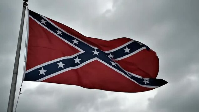 Confederate flag waving on pole against cloudy sky