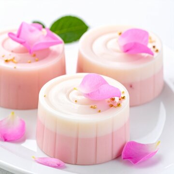 Elegant Pink Floral Dessert Trio - Exquisite Culinary Delights on a White Plate.