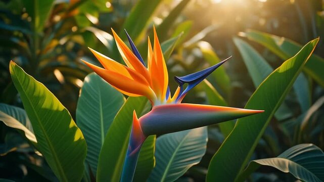 Vibrant Bird of Paradise Flower in Tropical Garden Sunlight