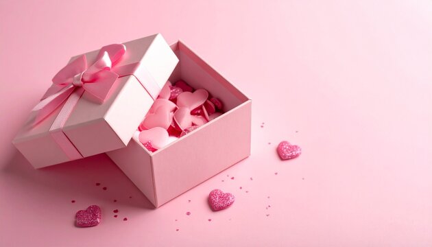 Elegant Pink Gift Box with Ribbon and Hearts on a Pastel Background.
