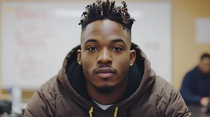 Young African American man with dreadlocks looking directly at camera in indoor portrait