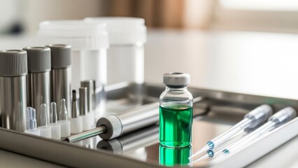 Photorealistic lab workspace with green liquid vial, syringe, and medical equipment, preparing for scientific research and analysis