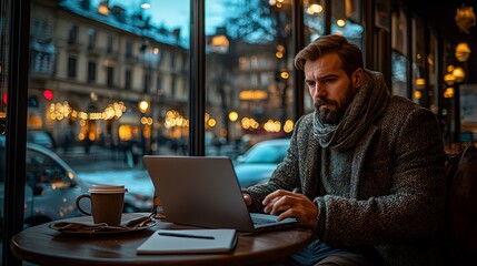 Focused man working on laptop in modern cafe, warm lights and blurred urban cityscape outside create a productive and cozy atmosphere for remote work.