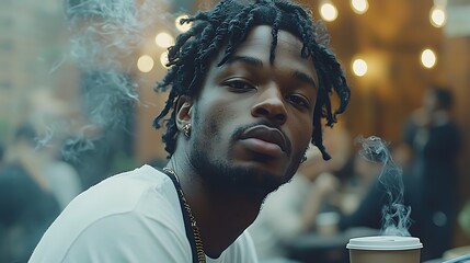 Close-up portrait of a serious young Black man with dreadlocks and earrings, with smoke and coffee in a cafe