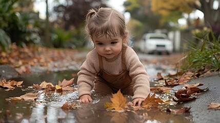 Cute Toddler Child Playing in Autumn Puddle with Wet Fall Leaves on Outdoor Path