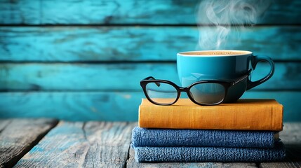 Steaming blue coffee cup, black eyeglasses, and stack of orange books on a blue wooden table