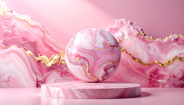 Elegant Pink Marble Sphere on a Pedestal with Artistic Background.