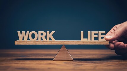 Hand adjusting a wooden seesaw with the words work and life symbolizing the constant effort required for achieving true balance