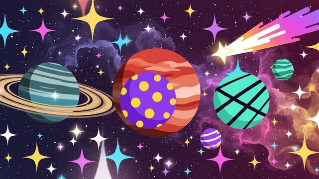 Vibrant cartoon space with diverse planets, sparkling stars, and a colorful comet flying by