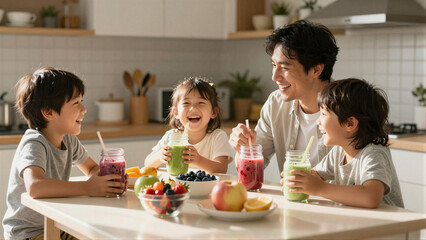 Happy asian father and his children laughing while drinking healthy fruit smoothies at a bright kitchen table for family wellness concept and joyful home life