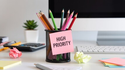 A close up image showing a vibrant pencil holder with a bright pink sticky note labeled high priority resting on a clean office desk.