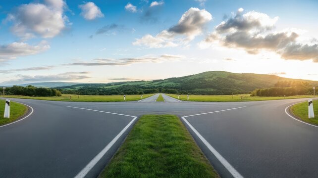 A wide country road forks into three distinct paths presenting a symbolic choice against a backdrop of rolling green hills and sunset clouds.