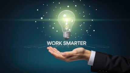 Businessman presenting a glowing lightbulb with the phrase work smarter to signify innovative ideas and productivity enhancement