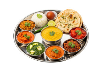 indian thali platter with colorful curries naan and dal on stainless steel tray