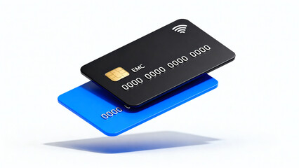 Two generic glossy credit cards floating in the air against a clean white background. Modern digital banking and contactless payment concept