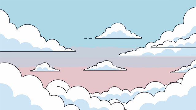 Soft gradient sky with fluffy white clouds transitioning from pale blue to delicate pink at the horizon