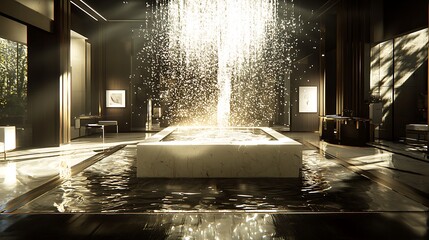 Opulent modern interior with central sparkling light water fountain creating brilliant reflections in a luxury architectural setting.