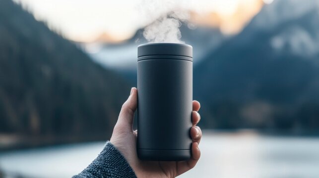 Hand holding thermos cup with steam rising against blurred hills background  