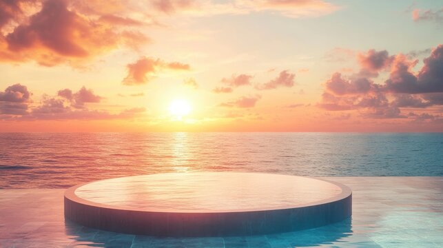 Podium stand in luxury swimming pool water with sea and sunset view. Summer background of tropical design product placement display.