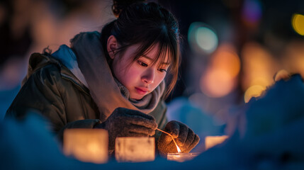 A woman writes at the Otaru Snow Light Path Festival in Hokkaido, Japan, surrounded by candles and snow (小樽雪あかりの路)