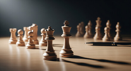 Strategic chess pieces arranged on a wooden board under dramatic lighting, ready for a game