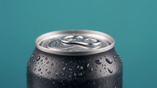 Refreshing Black Beverage Can with Condensation on Teal Background