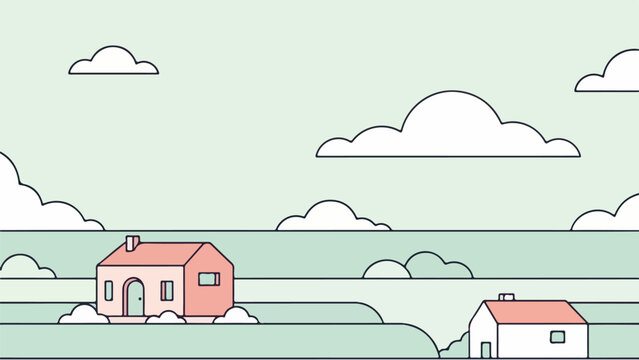 Rural illustration of a red-roofed house in a pastoral landscape with rolling fields and a light blue sky