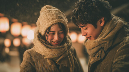 Couple enjoying Otaru Snow Light Path Festival  (小樽雪あかりの路) in Hokkaido Japan on a snowy evening