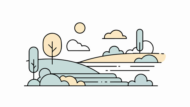 Minimalist landscape illustration with rolling hills, trees, and soft pastel sky