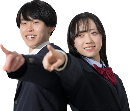 背景透明で並ぶ高校生の男女　女子高生と男子高生の2人の見上げる進路や未来や目標、合格を目指す指を差すイメージ　受験がんばるぞ