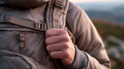 Close-up shot of hand adjusting backpack strap gently in warm light  