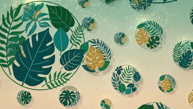 Tropical leaves in circular frames on a gradient background.